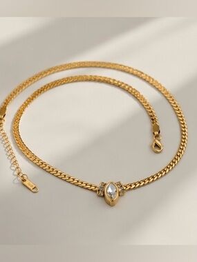Gold Herringbone Chain Necklace with Crystal Pendant | Minimalist Choker Necklac